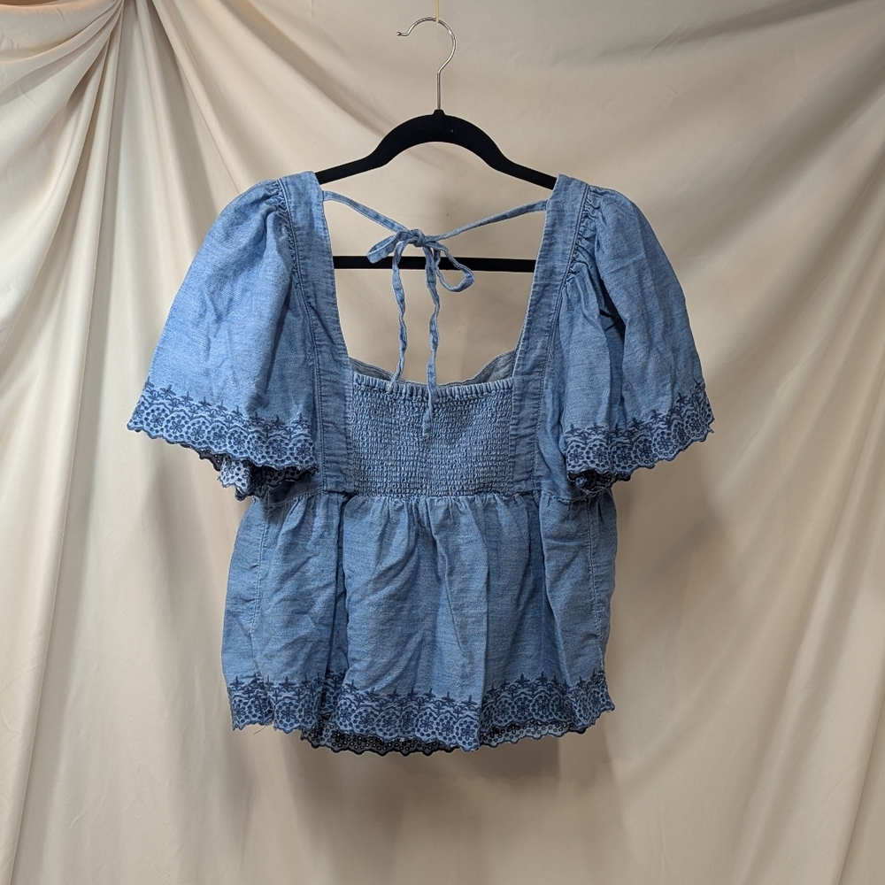 Old Navy Blue Flutter Sleeve Blouse with Ruffled Tie Front